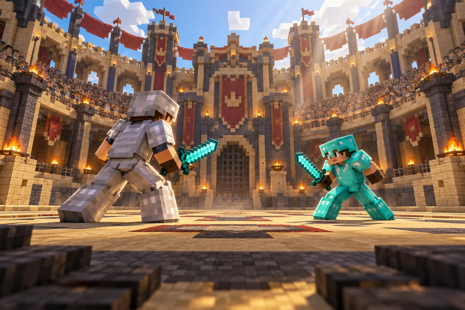 Dos jugadores con espadas en una arena de combate de bloques