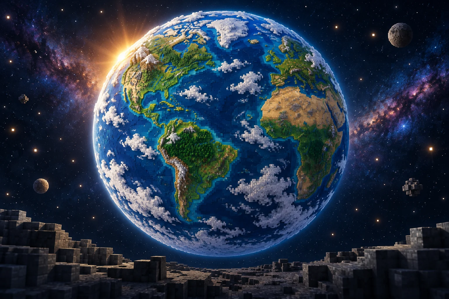 Planeta Tierra construido con bloques, continentes verdes y océanos azules