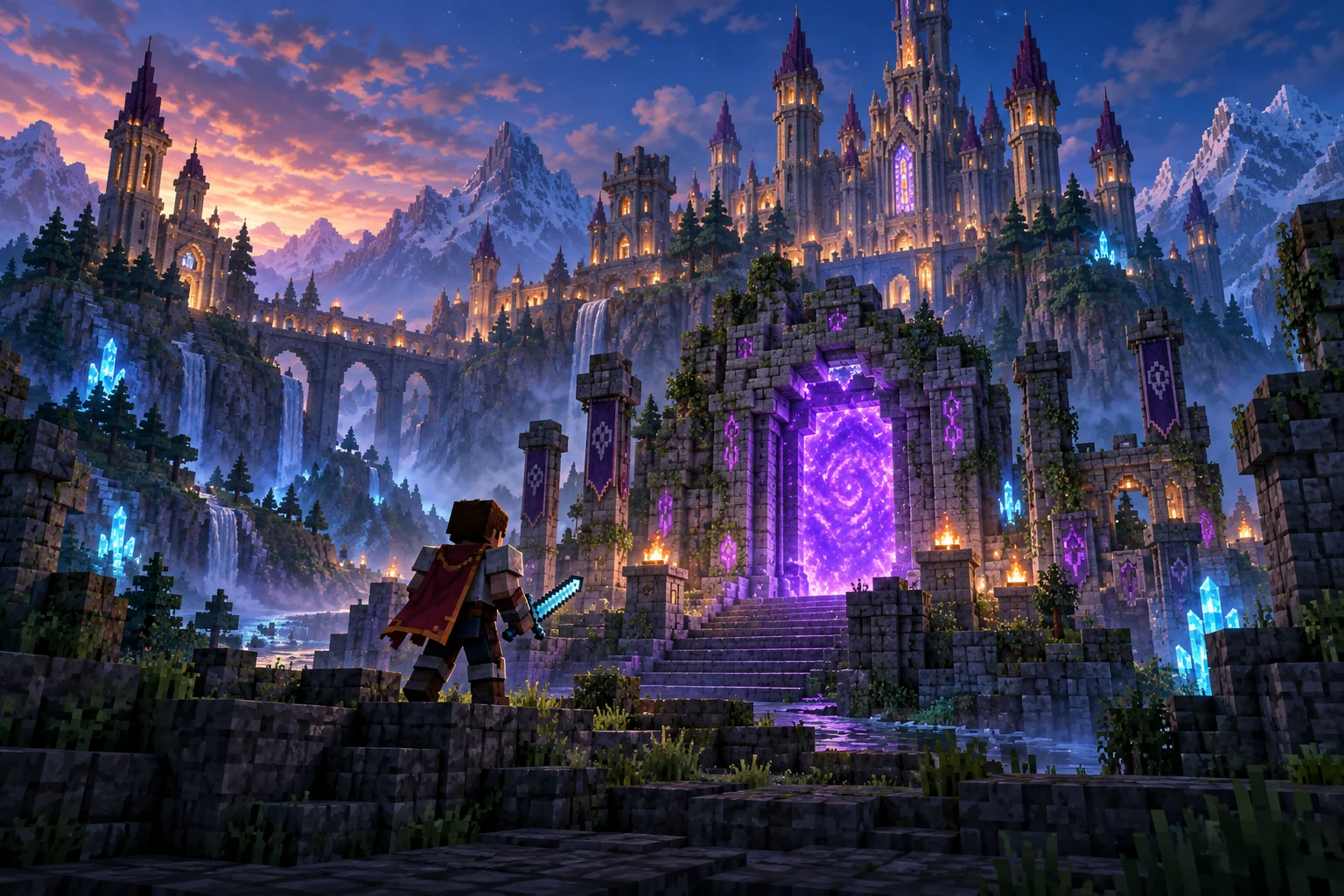 Castillo de fantasía y portal mágico en un paisaje de bloques