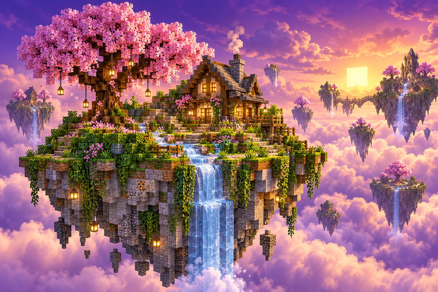 Isla flotante con una cabaña y un árbol de cerezo